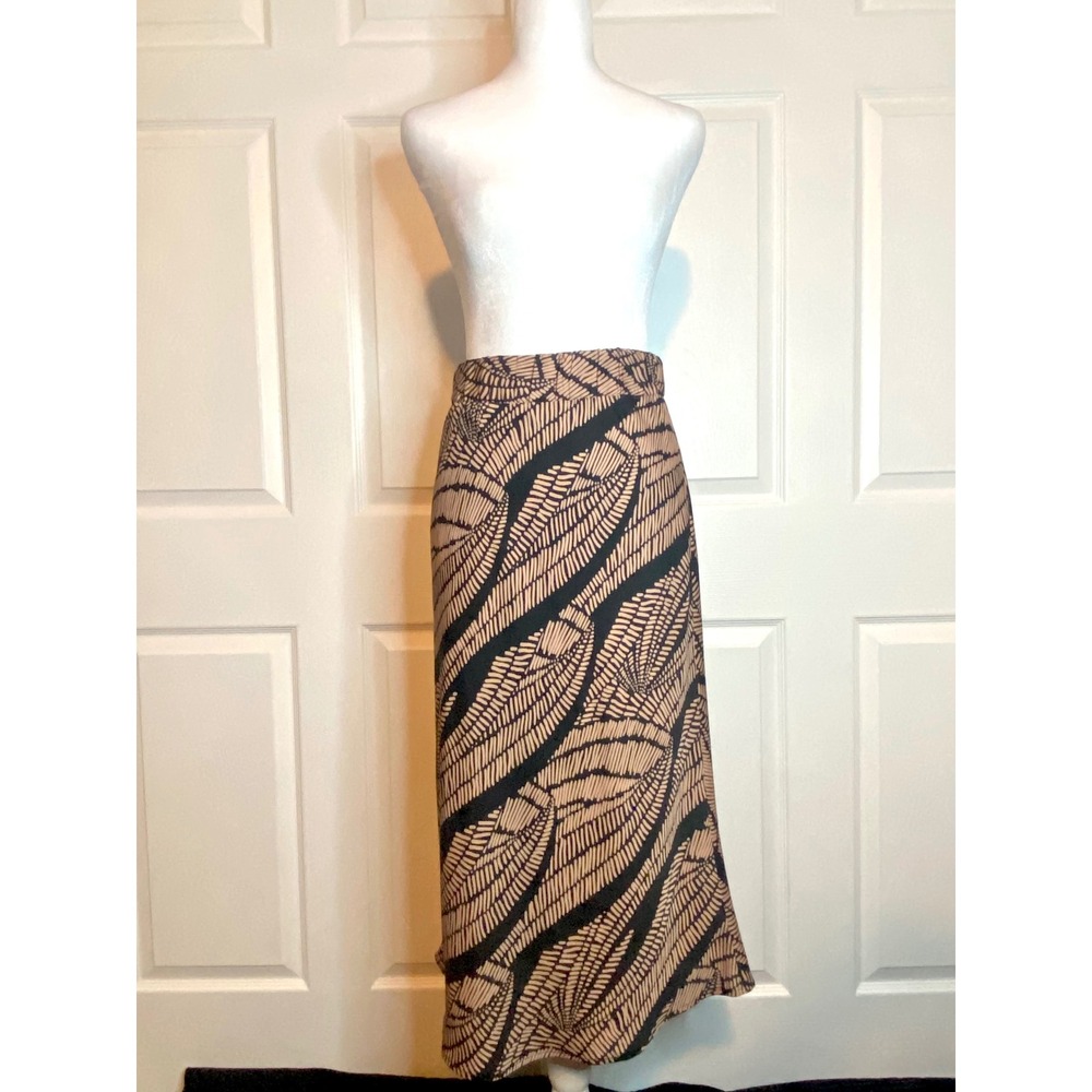 Peyton Jensen Tan Black Abstract Print Midi Skirt Elastic Waist Size Small